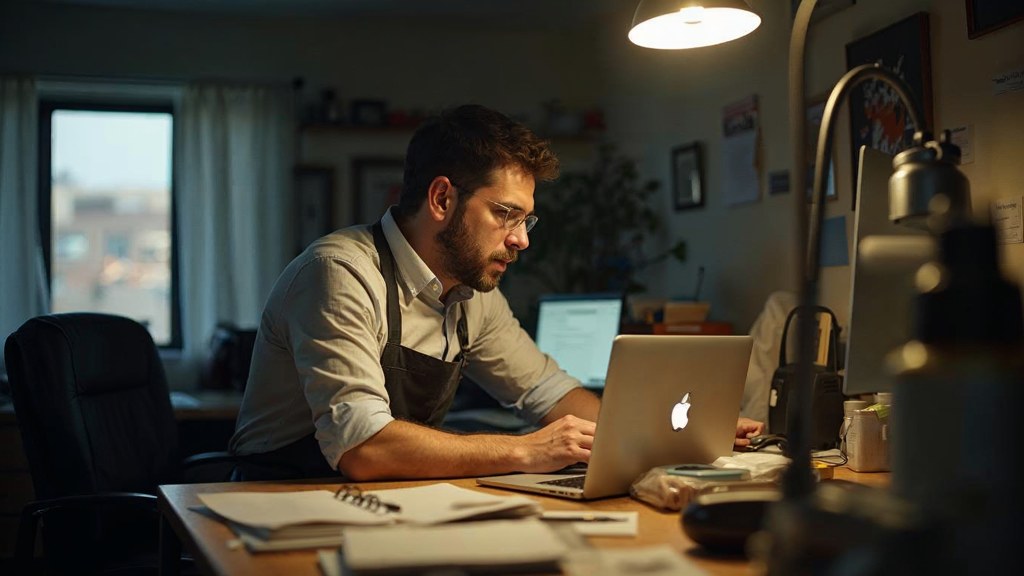 A small-business owner in an apron leaning over a laptop on a cluttered back-office desk late in the day, photographed in Las Vegas