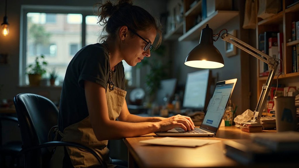 A small-business owner in an apron leaning over a laptop on a cluttered back-office desk late in the day, photographed in Las Vegas