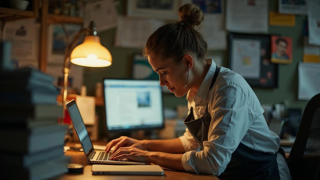 A small-business owner in an apron leaning over a laptop on a cluttered back-office desk late in the day, photographed in Las Vegas
