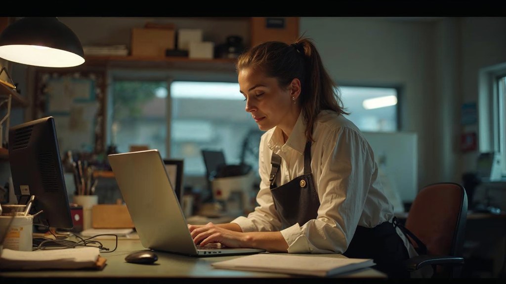 A small-business owner in an apron leaning over a laptop on a cluttered back-office desk late in the day, photographed in Las Vegas