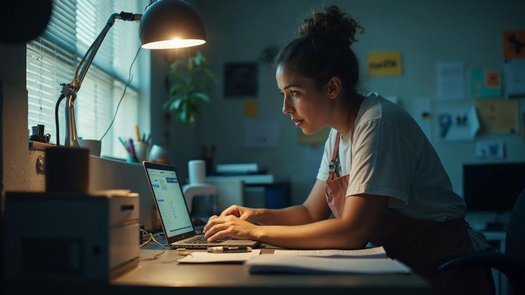 A small-business owner in an apron leaning over a laptop on a cluttered back-office desk late in the day, photographed in Las Vegas