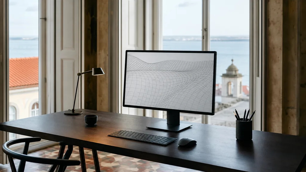 Editorial photograph of a Lisbon design studio with patterned tile floor, tall shuttered windows and bright Atlantic light