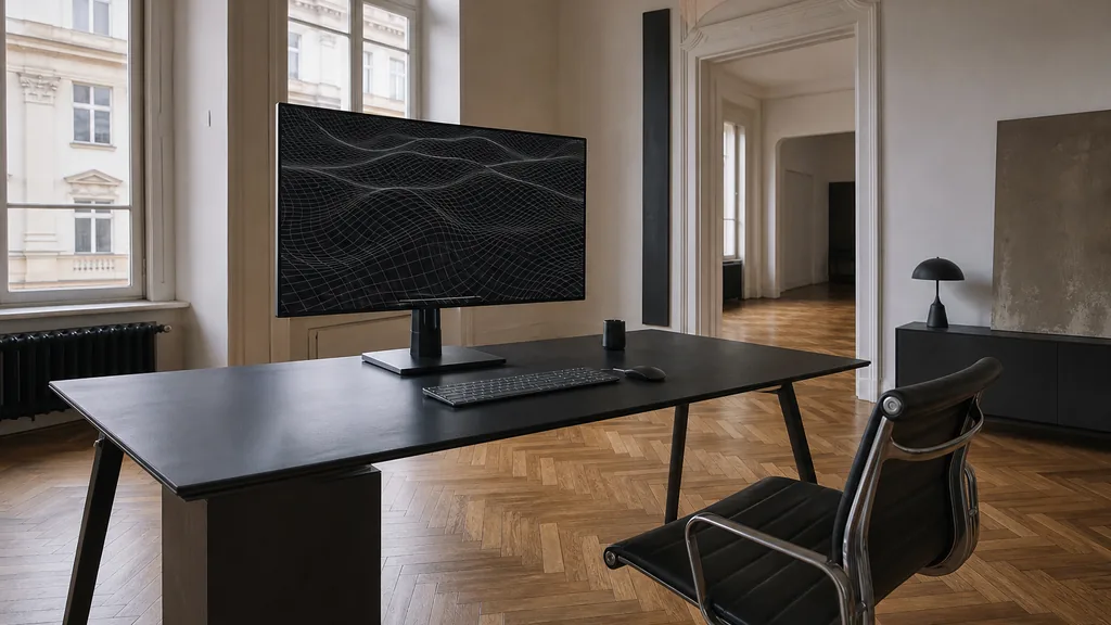 Editorial photograph of a Prague design studio with herringbone parquet floor, high ceilings and flat daylight