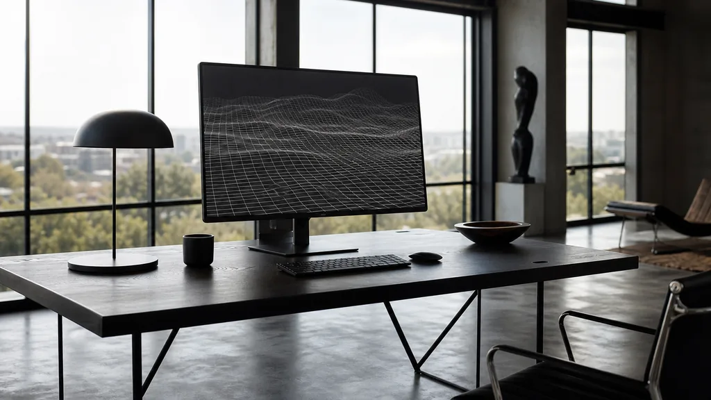 Editorial photograph of a Johannesburg design studio with dark concrete floor, steel-framed windows and bright high veld light