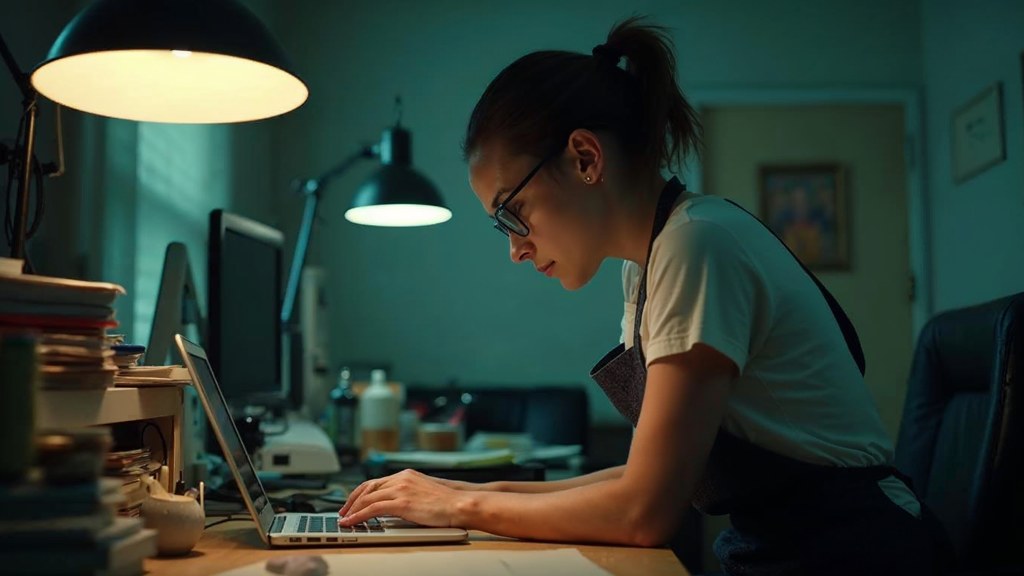 A small-business owner in an apron leaning over a laptop on a cluttered back-office desk late in the day, photographed in Las Vegas