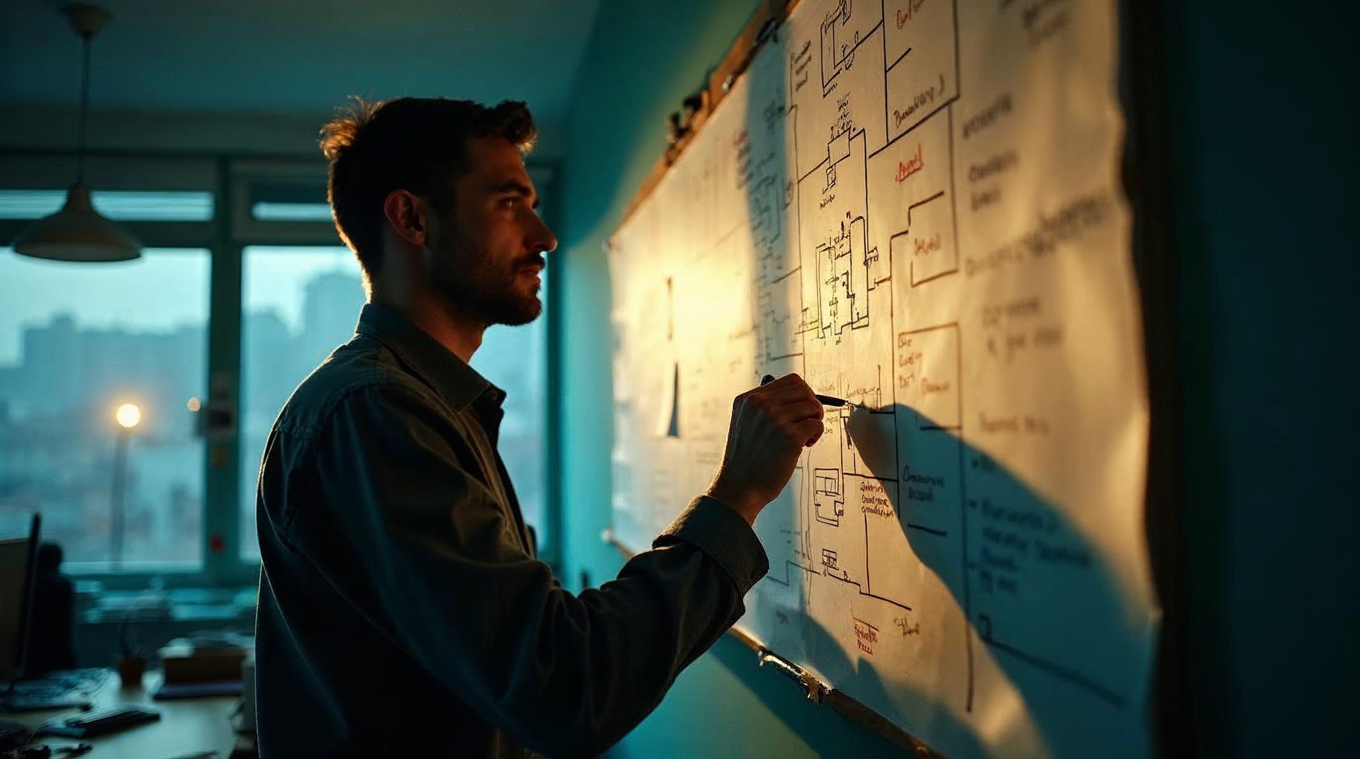 Operations manager tracing a hand-drawn diagram of connected marketing systems on paper taped along an office wall
