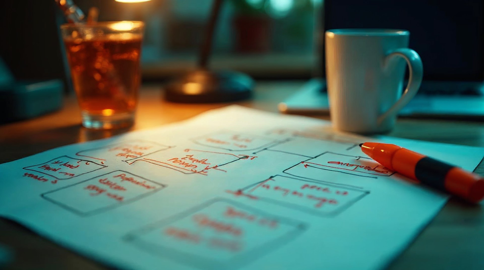 Close crop of a printed lead routing flowchart marked up in red pen beside a highlighter and a mug