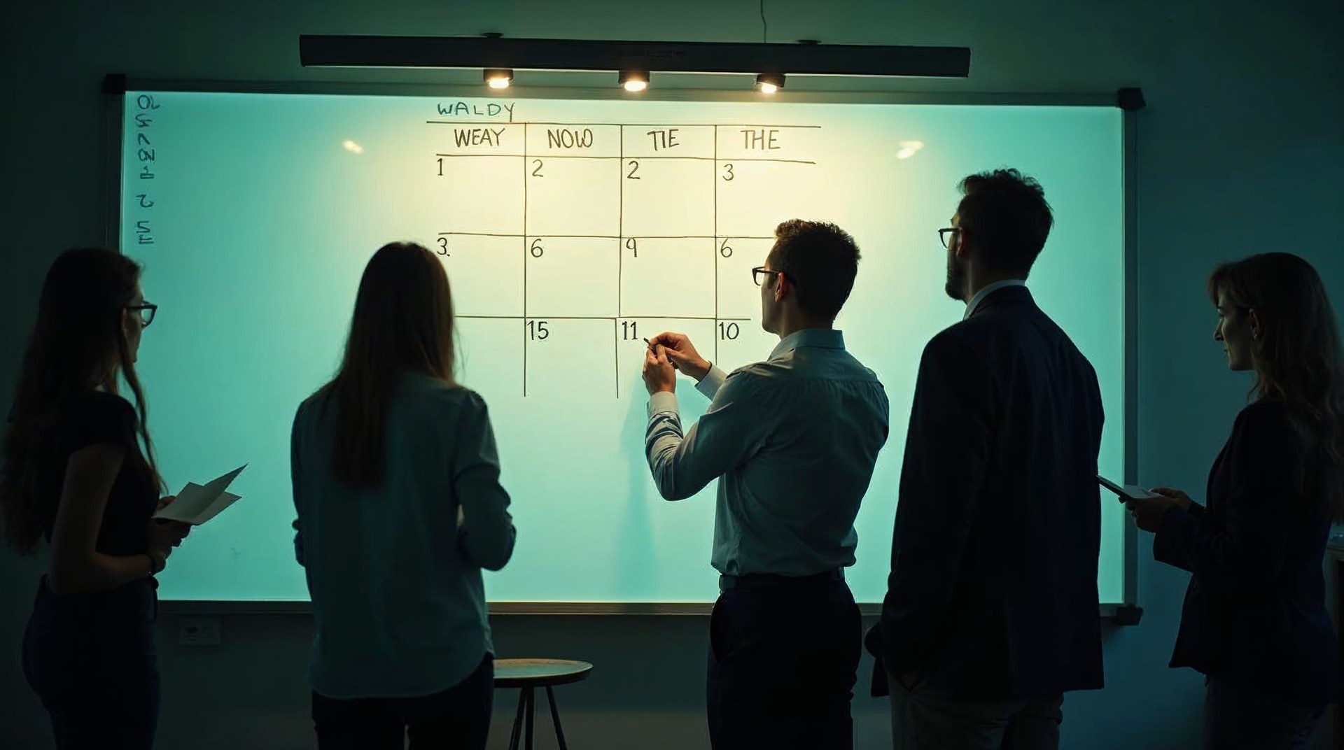 Leadership team around a whiteboard where a weekly marketing numbers grid is drawn by hand, one person filling in the last column
