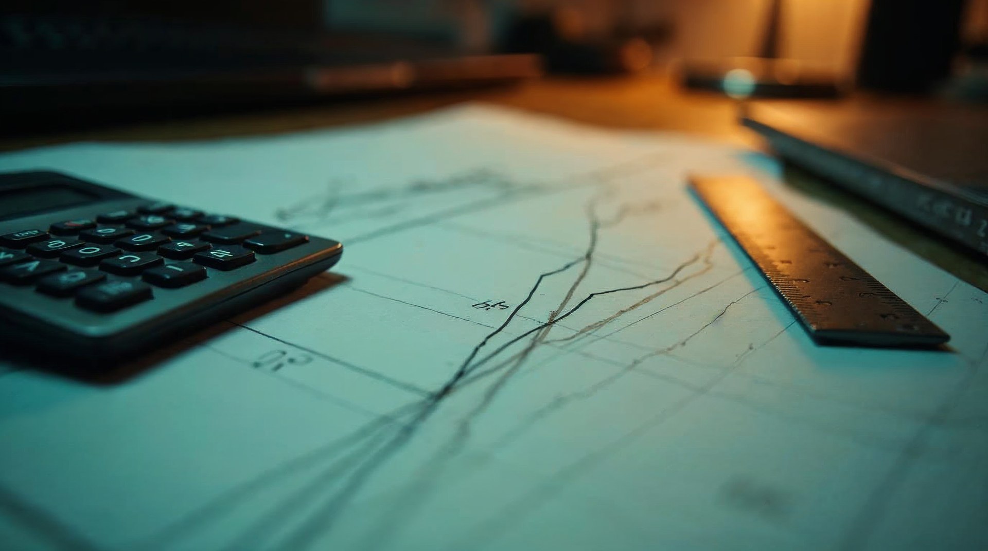 Close crop of a hand-drawn trend line on graph paper beside a calculator and a ruler