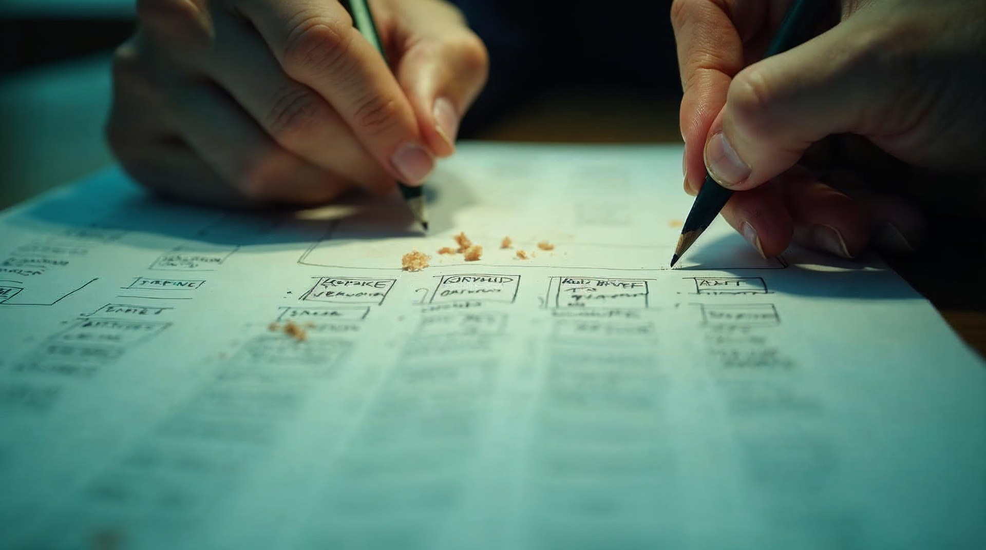 Close crop of a handwritten two column sheet comparing production times before and after, pencil beside it