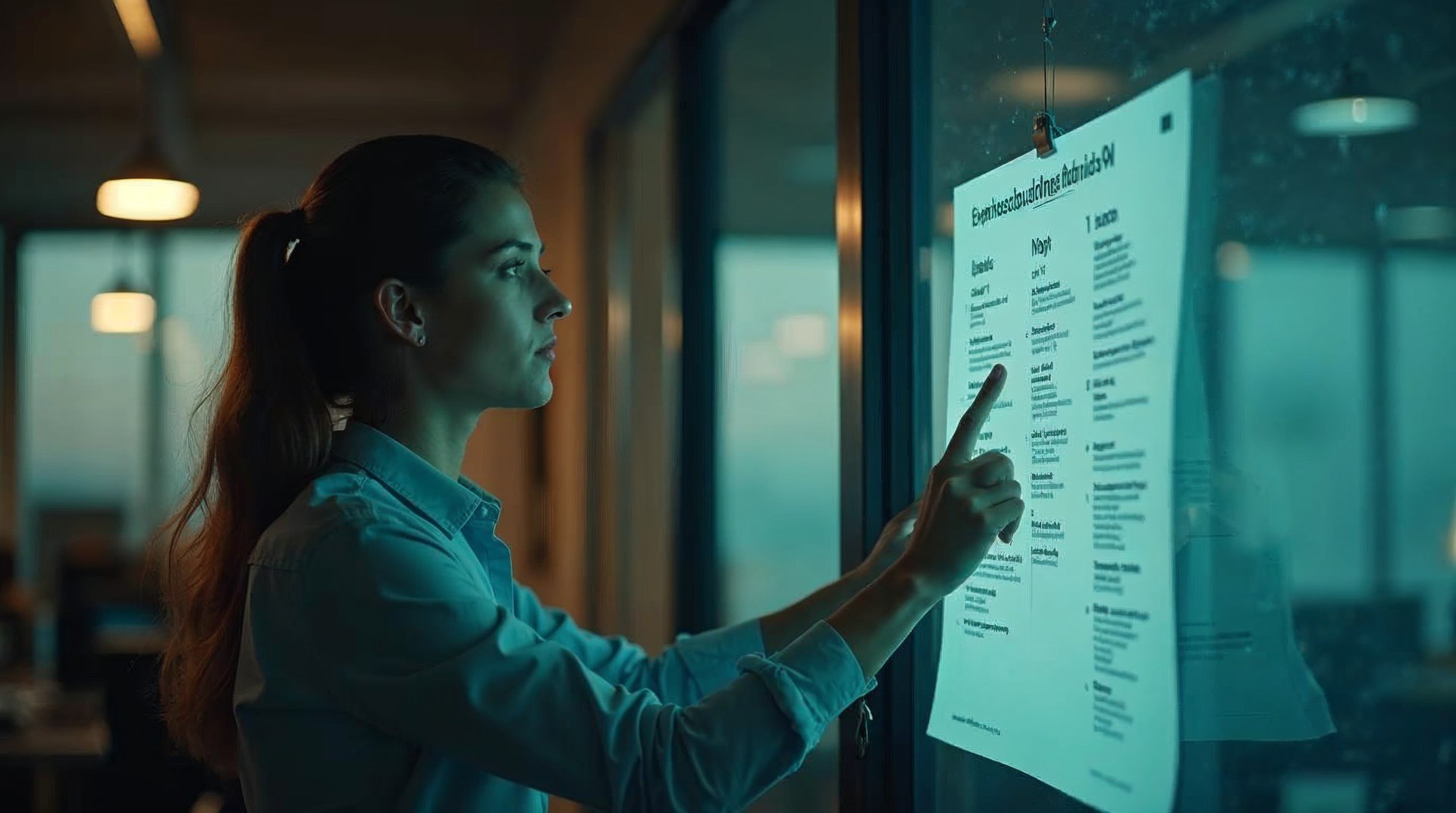 Marketing director reviewing a printed list of proposed AI use cases pinned to a glass office partition in the evening