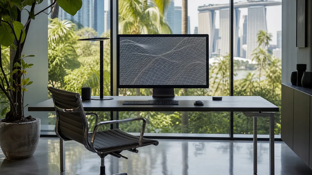 Editorial photograph of a Singapore design studio with polished concrete floor, floor-to-ceiling glass and bright tropical daylight