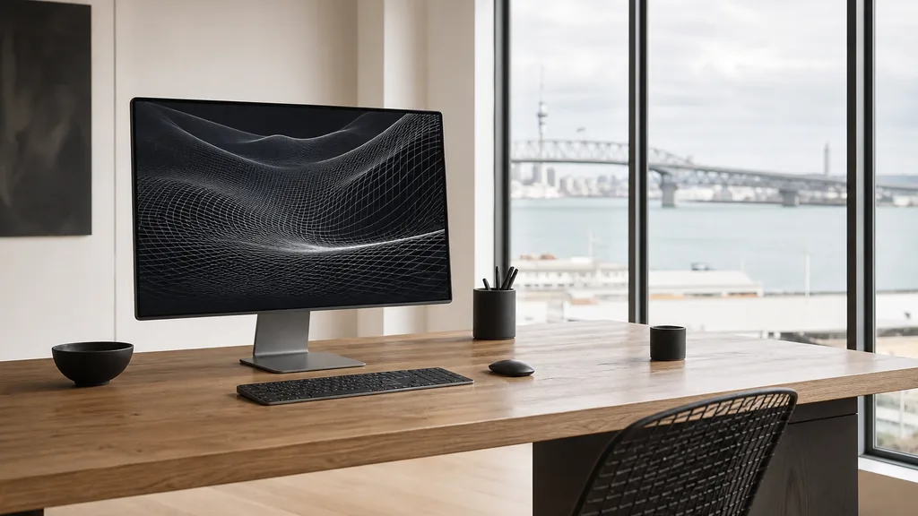 Editorial photograph of an Auckland design studio with light timber floor, white walls and soft harbour daylight