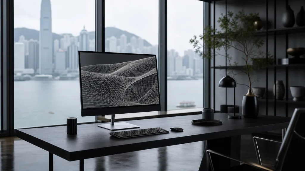 Editorial photograph of a Hong Kong design studio with dark polished floor, high-rise glazing and soft overcast city light