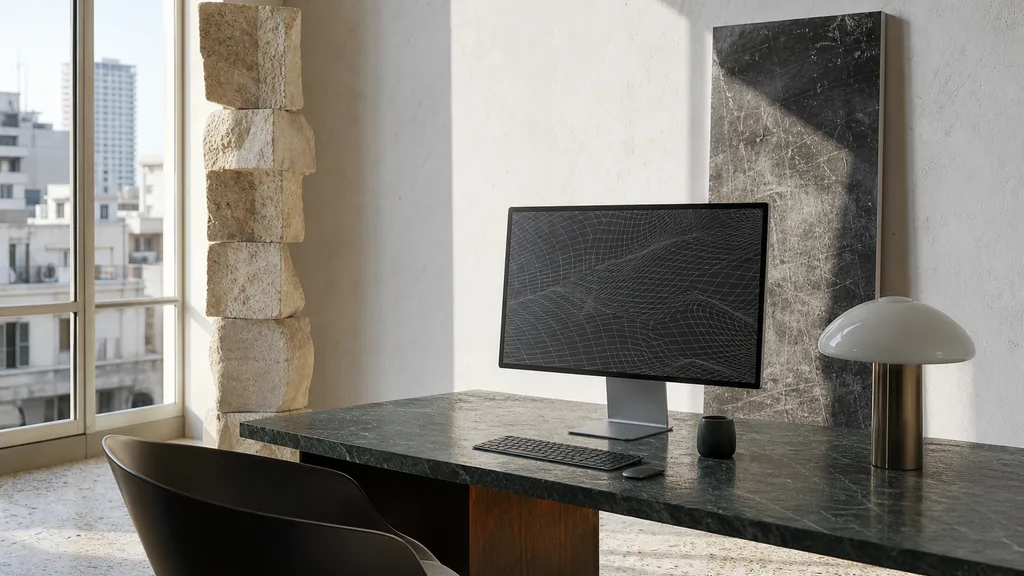 Editorial photograph of a Tel Aviv design studio with white plaster walls, terrazzo floor and bright Mediterranean light