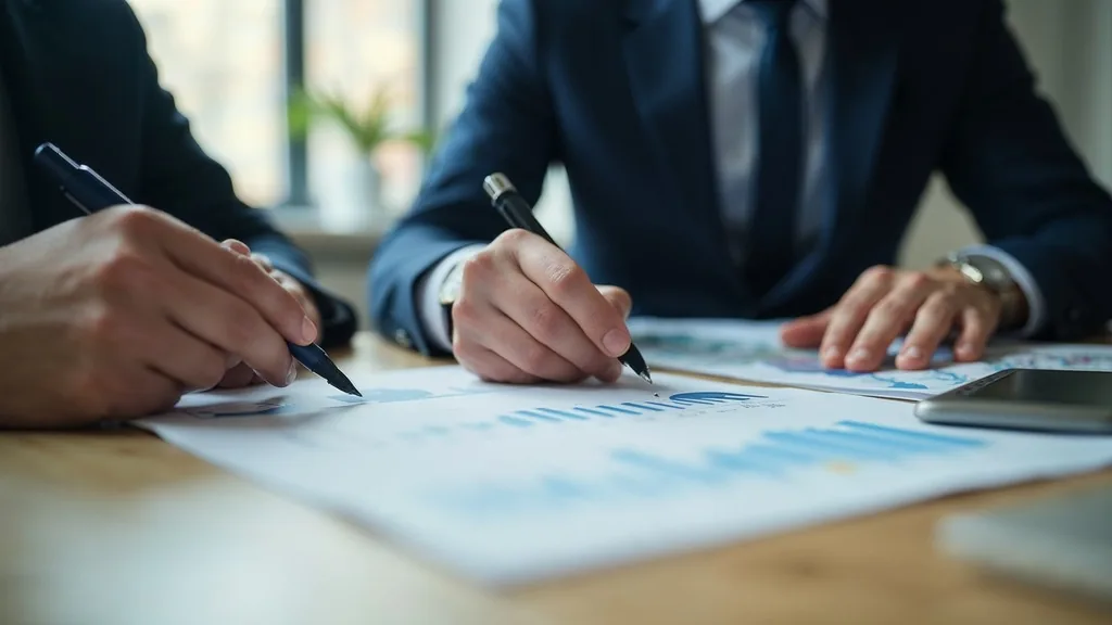 Marketing director and finance colleague reviewing a printed one-page performance report in a meeting room