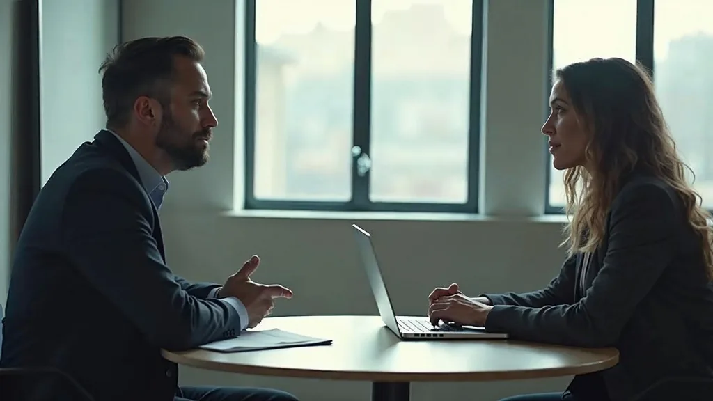 Founder interviewing a senior marketing executive across a small table in a bright modern office