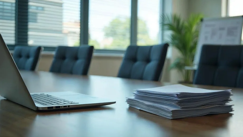Unused office meeting room with an unopened laptop and untouched printed reports on the table