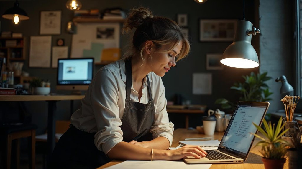 A small-business owner in an apron leaning over a laptop on a cluttered back-office desk late in the day, photographed in Leeds