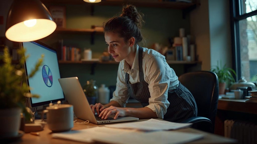A small-business owner in an apron leaning over a laptop on a cluttered back-office desk late in the day, photographed in Leeds