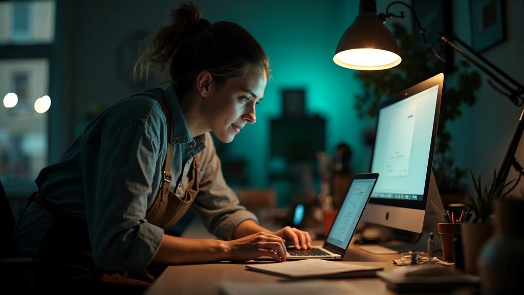 A small-business owner in an apron leaning over a laptop on a cluttered back-office desk late in the day, photographed in Leeds