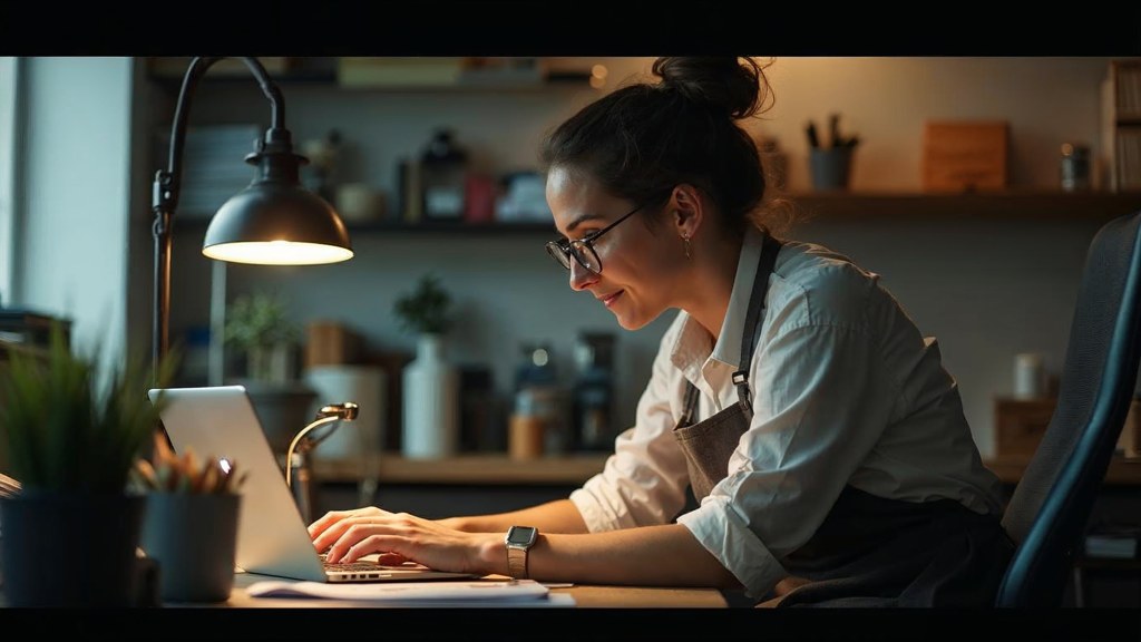 A small-business owner in an apron leaning over a laptop on a cluttered back-office desk late in the day, photographed in Leeds