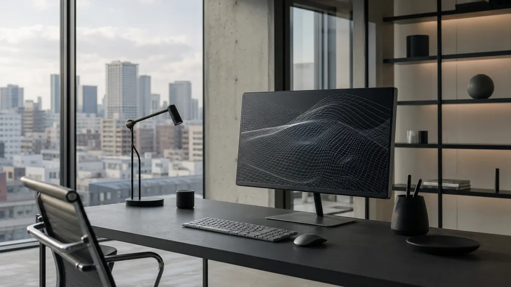 Editorial photograph of a Tokyo design studio with pale wood floor, white walls, paper-screen light and a quiet minimal desk setup