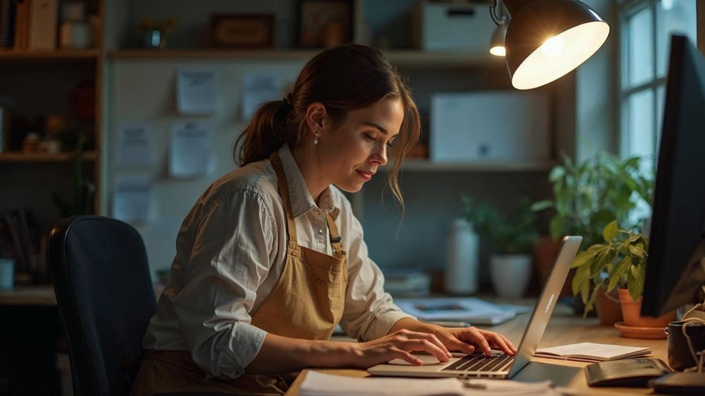 A small-business owner in an apron leaning over a laptop on a cluttered back-office desk late in the day, photographed in Leeds