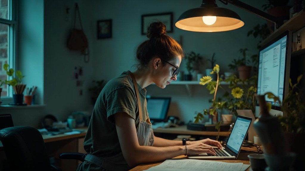 A small-business owner in an apron leaning over a laptop on a cluttered back-office desk late in the day, photographed in Leeds