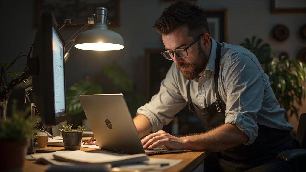 A small-business owner in an apron leaning over a laptop on a cluttered back-office desk late in the day, photographed in Leeds
