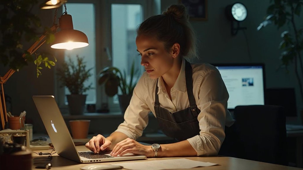 A small-business owner in an apron leaning over a laptop on a cluttered back-office desk late in the day, photographed in Leeds