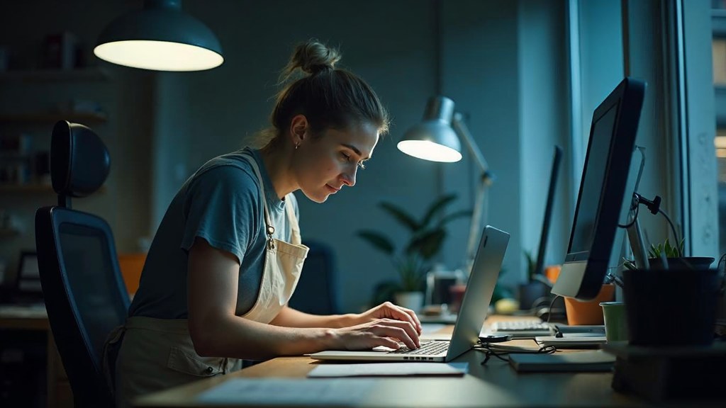 A small-business owner in an apron leaning over a laptop on a cluttered back-office desk late in the day, photographed in Leeds