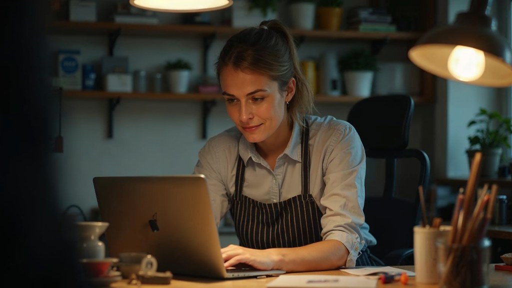 A small-business owner in an apron leaning over a laptop on a cluttered back-office desk late in the day, photographed in Leeds