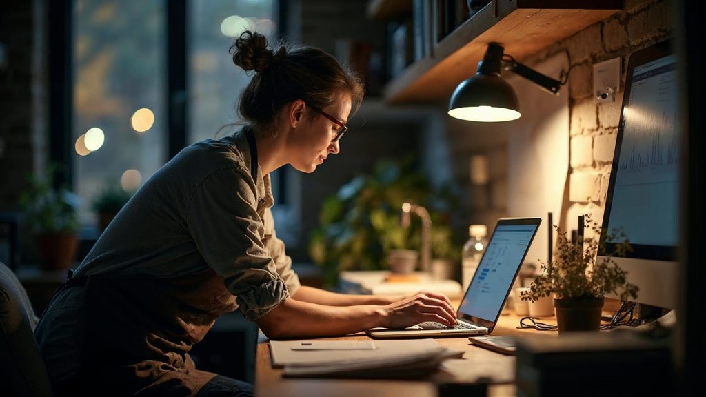 A small-business owner in an apron leaning over a laptop on a cluttered back-office desk late in the day, photographed in Leeds
