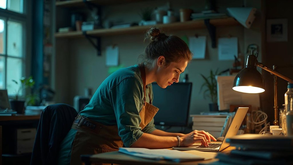 A small-business owner in an apron leaning over a laptop on a cluttered back-office desk late in the day, photographed in Leeds