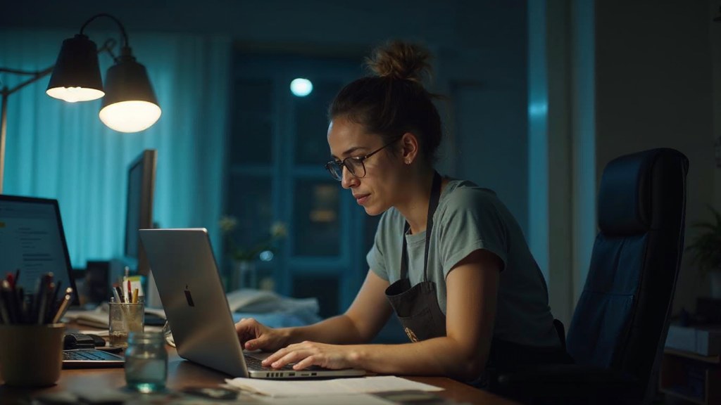 A small-business owner in an apron leaning over a laptop on a cluttered back-office desk late in the day, photographed in Leeds