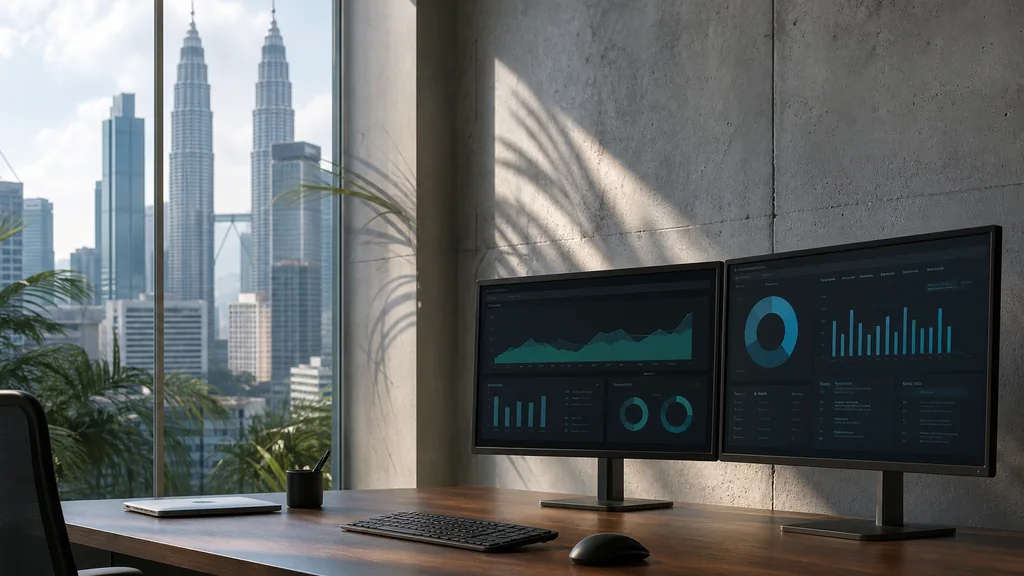 Editorial photograph of a Kuala Lumpur city-centre office, tropical daylight and palm shadows on concrete