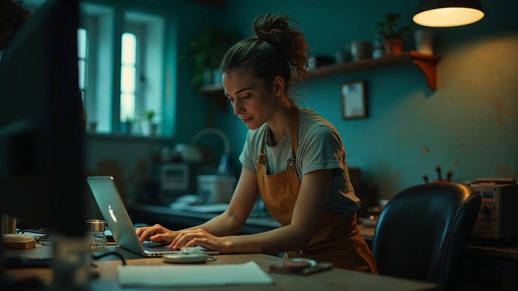 A small-business owner in an apron leaning over a laptop on a cluttered back-office desk late in the day, photographed in Lexington