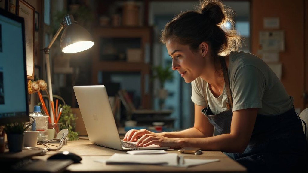 A small-business owner in an apron leaning over a laptop on a cluttered back-office desk late in the day, photographed in Lexington
