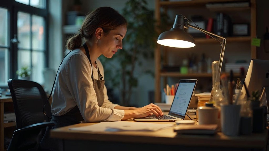 A small-business owner in an apron leaning over a laptop on a cluttered back-office desk late in the day, photographed in Lexington