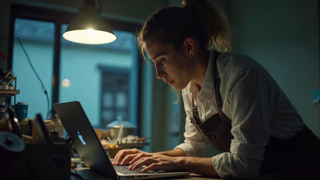 A small-business owner in an apron leaning over a laptop on a cluttered back-office desk late in the day, photographed in Lexington