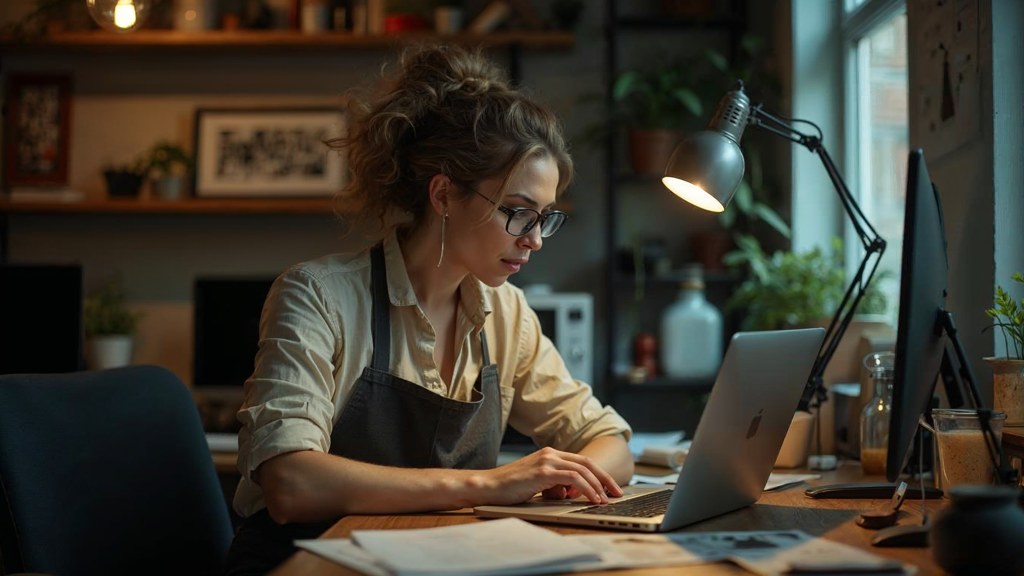 A small-business owner in an apron leaning over a laptop on a cluttered back-office desk late in the day, photographed in Lexington