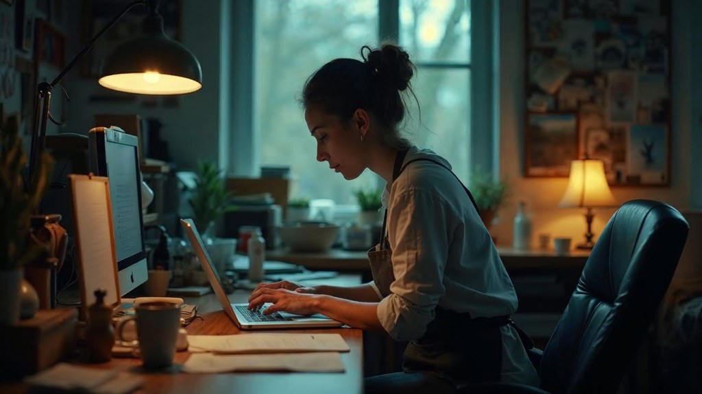 A small-business owner in an apron leaning over a laptop on a cluttered back-office desk late in the day, photographed in Lexington