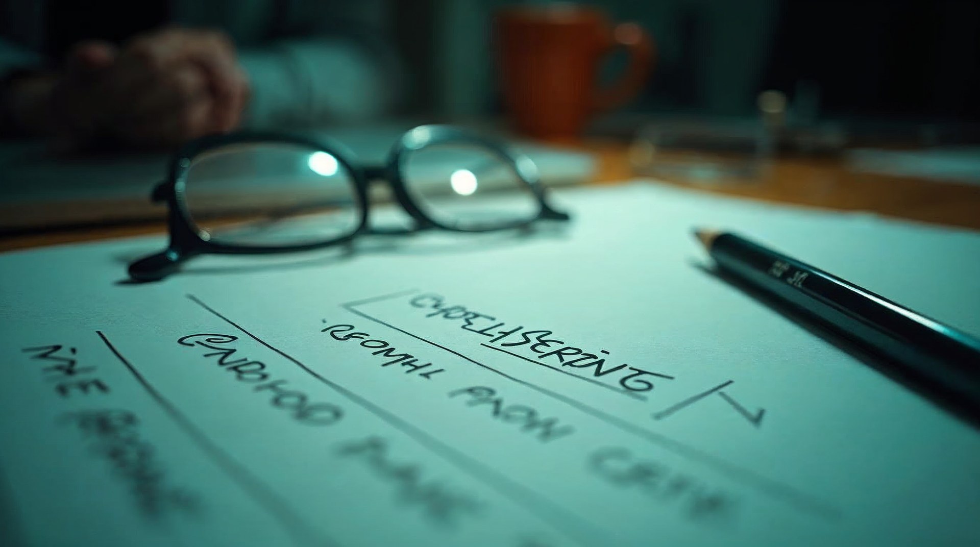 Close crop of a hand-annotated cohort retention table on printer paper beside reading glasses