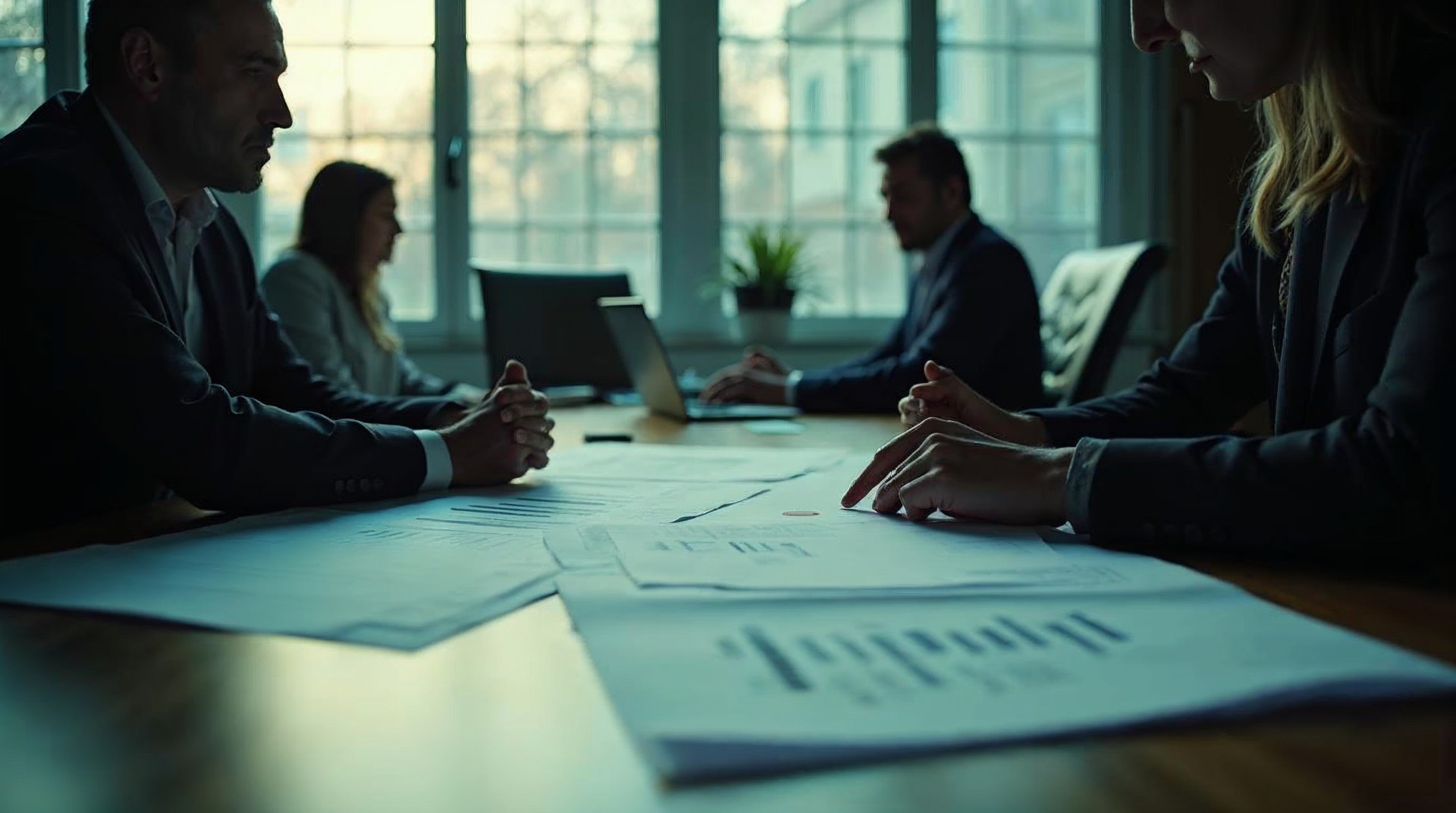Founder and finance lead reviewing a printed growth plan across a boardroom table before a board meeting