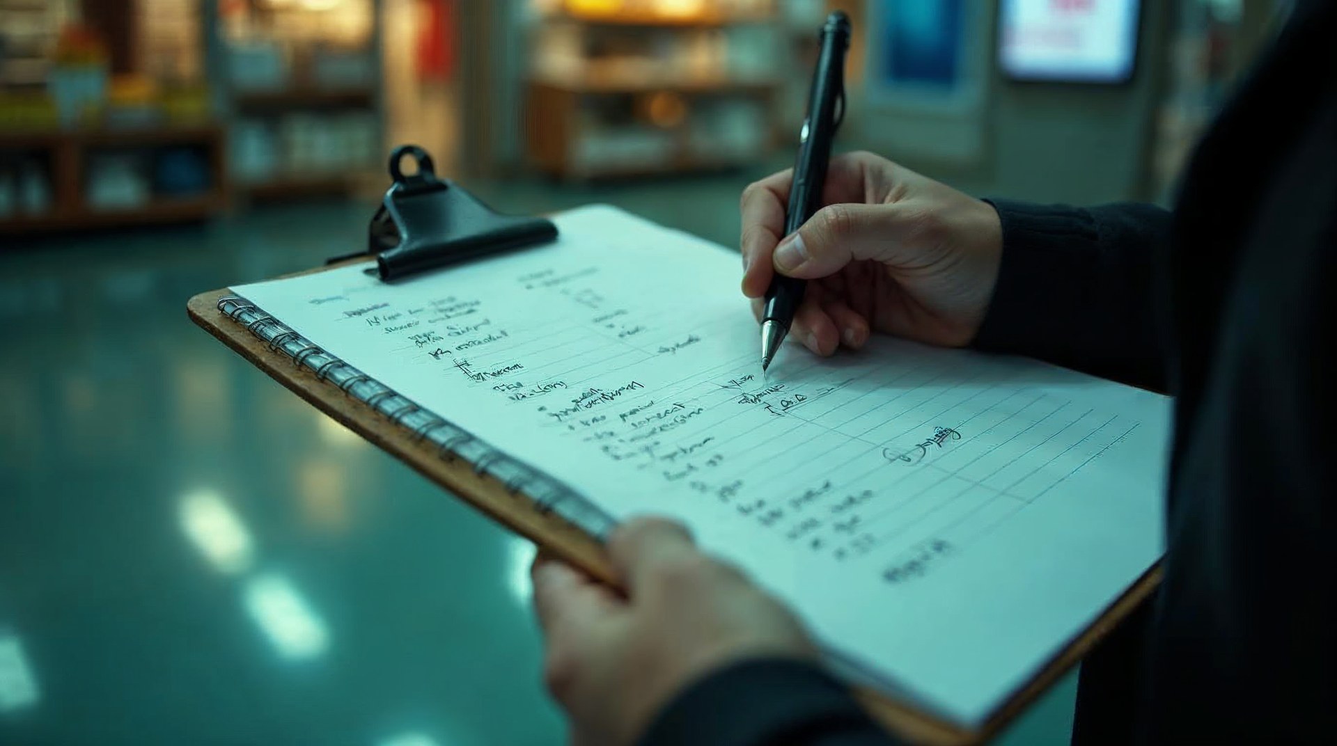Handwritten margin comparison on grid paper clipped to a clipboard on a shop floor rail