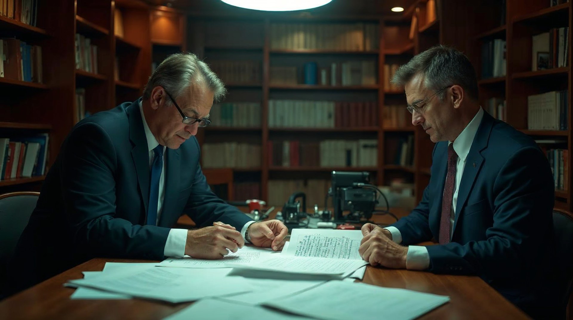 Managing partner and intake supervisor reviewing a printed case intake log at a long table in a law office