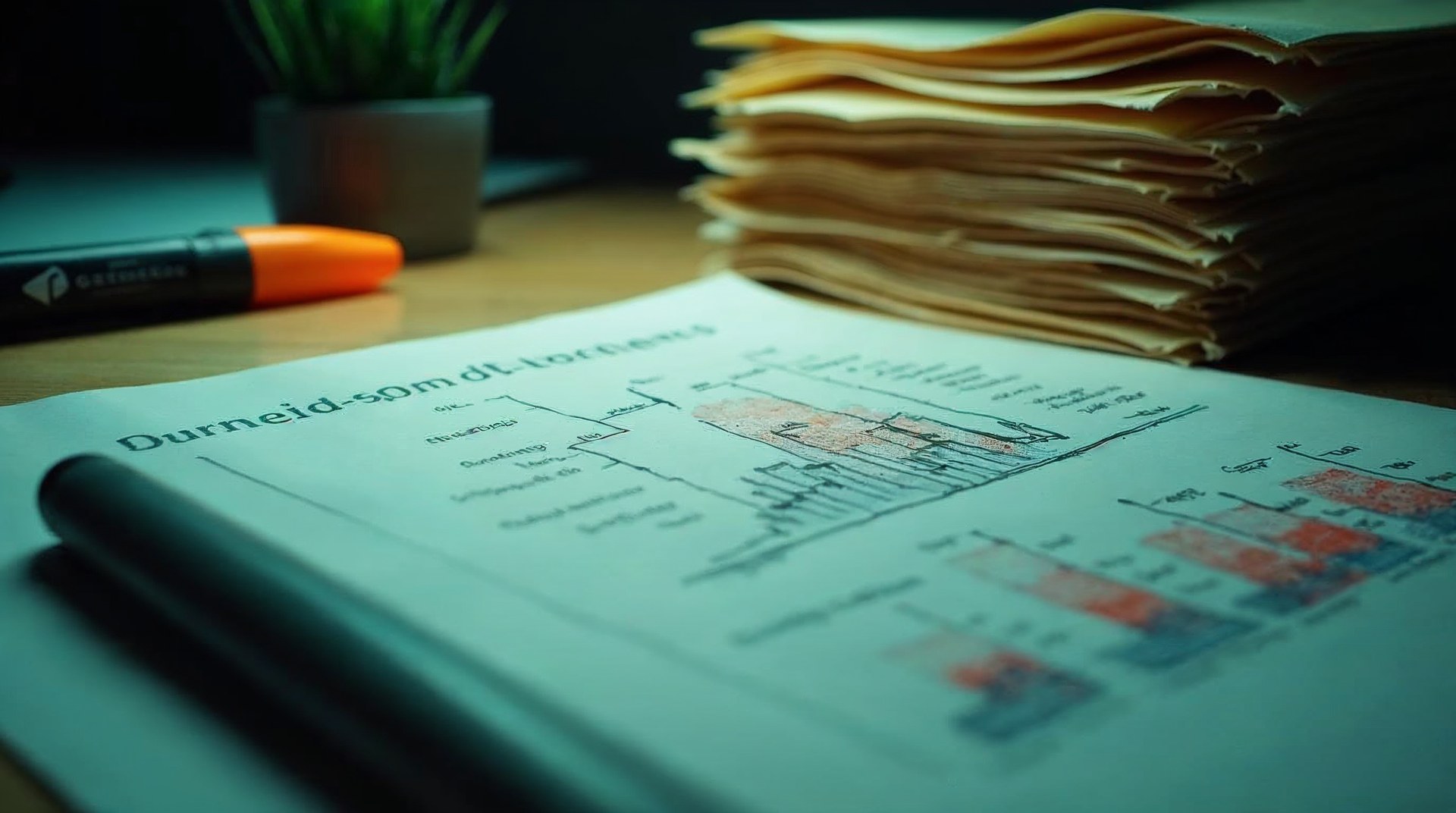 Hand-drawn case mix chart on a legal pad next to a highlighter and a stack of manila folders