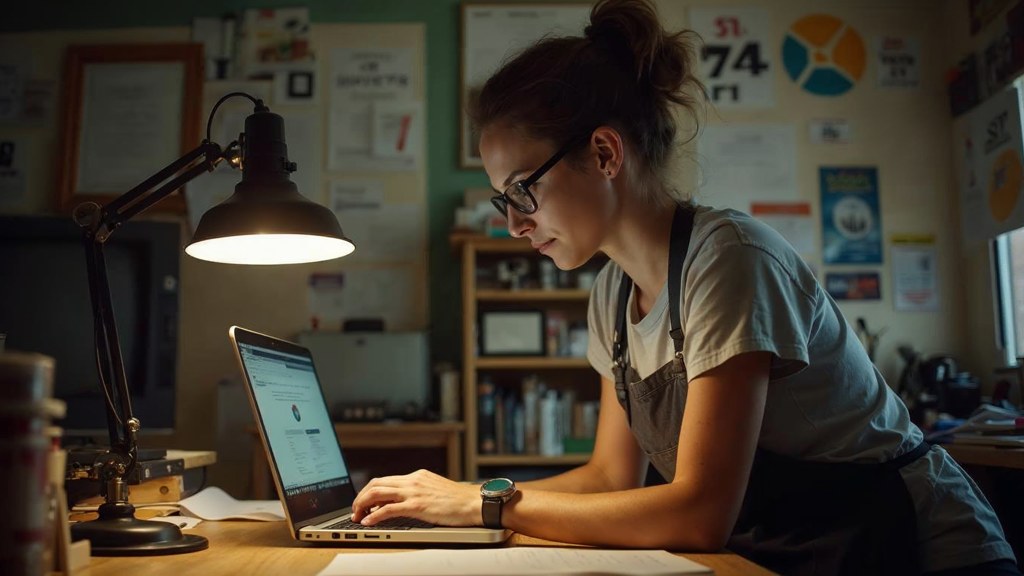 A small-business owner in an apron leaning over a laptop on a cluttered back-office desk late in the day, photographed in Lexington