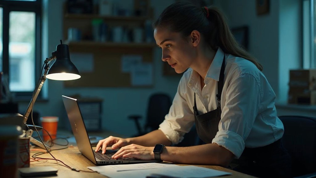 A small-business owner in an apron leaning over a laptop on a cluttered back-office desk late in the day, photographed in Lexington